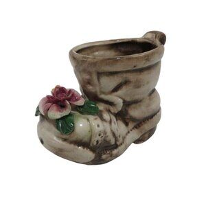 Nuova Capodimonte Ceramic Boot Planter With Pink Floral Accent Italy Vintage
